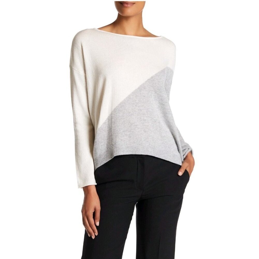 Alice + Olivia Base Abbie Color Block Hi Lo Sweater Wool Blend Ivory Gray Sz S
